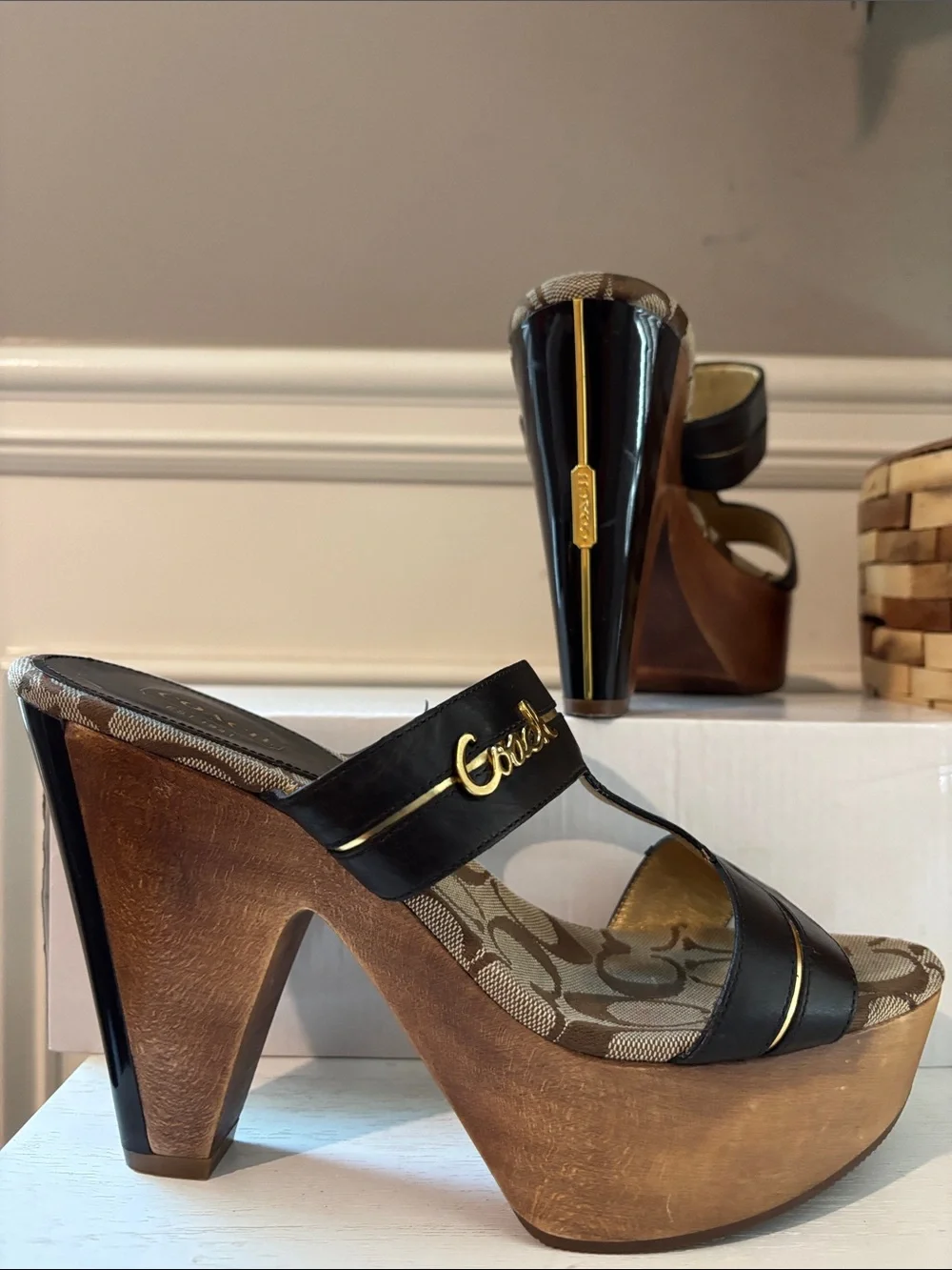 Coach Black Leather & Wood-Platform Sandals with Gold Trim